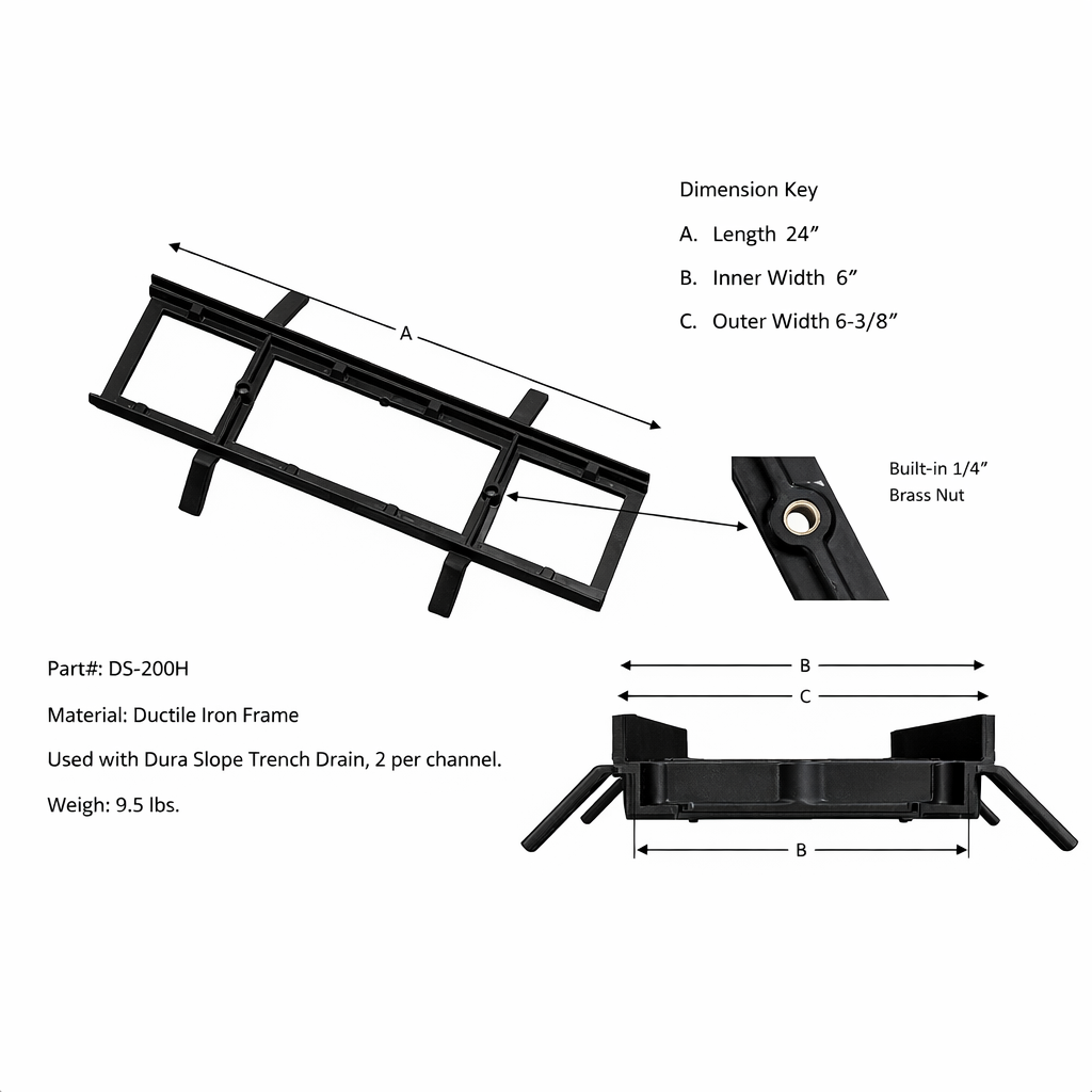 NDS DS-200H - Dura Slope® Channel Drain Frame, 6-3/8 in. Wide X 2 ft. Long, Ductile Iron