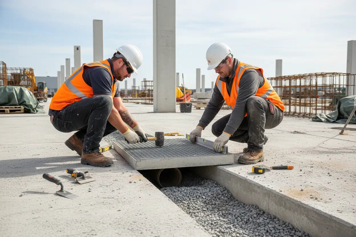 Workers installing a drainage system