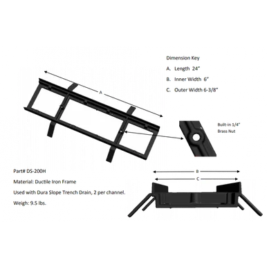 NDS DS-200H - Dura Slope® Channel Drain Frame, 6-3/8 in. Wide X 2 ft. Long, Ductile Iron