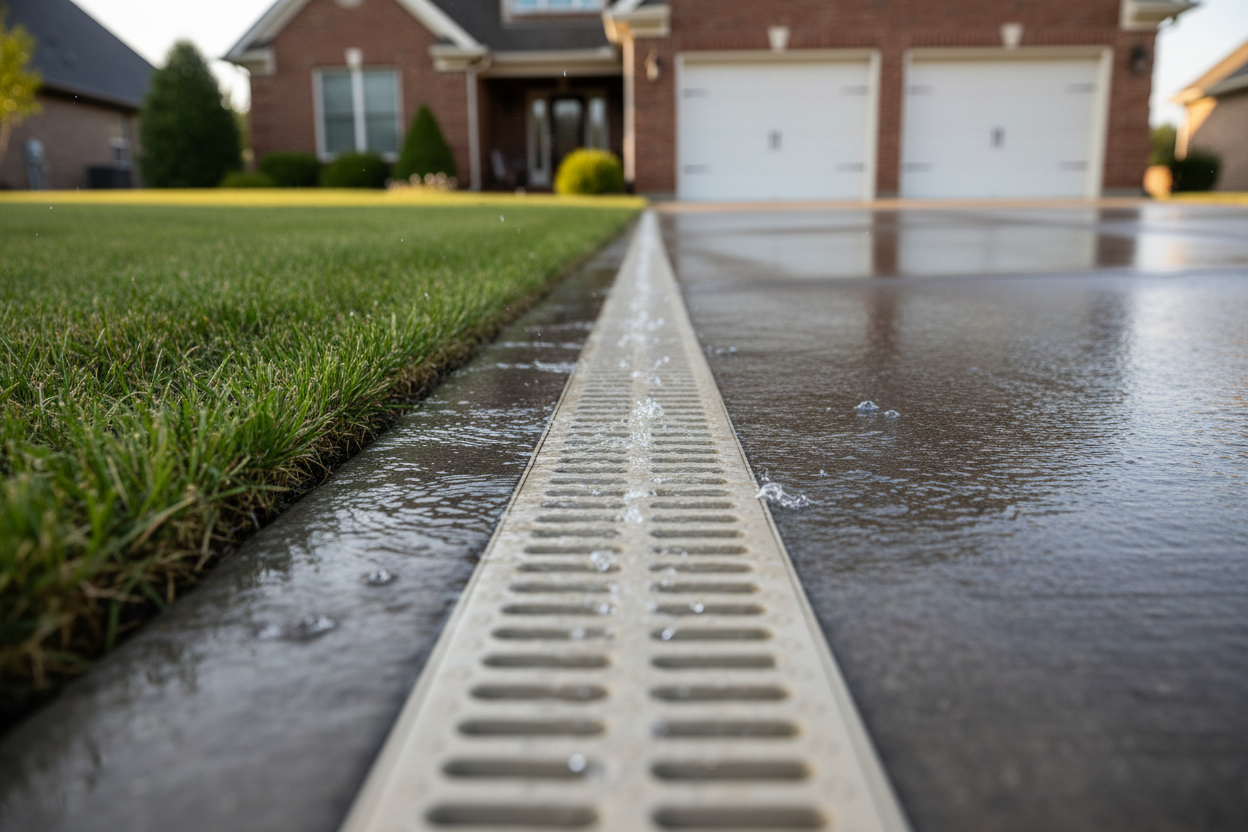 Ultra-realistic outdoor driveway scene after rainfall. A long beige ‘Slim Channel Drain with Sand-color grate’ installed flush along the edge of a concrete driveway next to a fresh green lawn. Real flowing rainwater on the concrete surface moves toward the channel drain, with a small splash as water enters through the narrow slots. Warm daylight, wet glossy surface texture, realistic water reflections, crisp depth of field, brick house and white garage in the background. Hyper-detailed product rendering, tr
